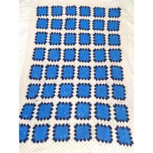 Handmade Crochet Afghan  Grandma's quilt/ throw cover blue/white/ black